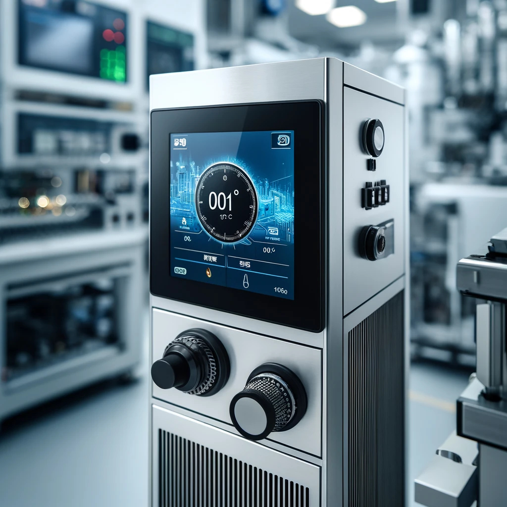 DALL·E 2024-05-15 14.47.26 - A precision air chiller machine with a digital control panel displaying a temperature setting of ±0.1℃. The machine is modern, sleek, and located in a.jpg