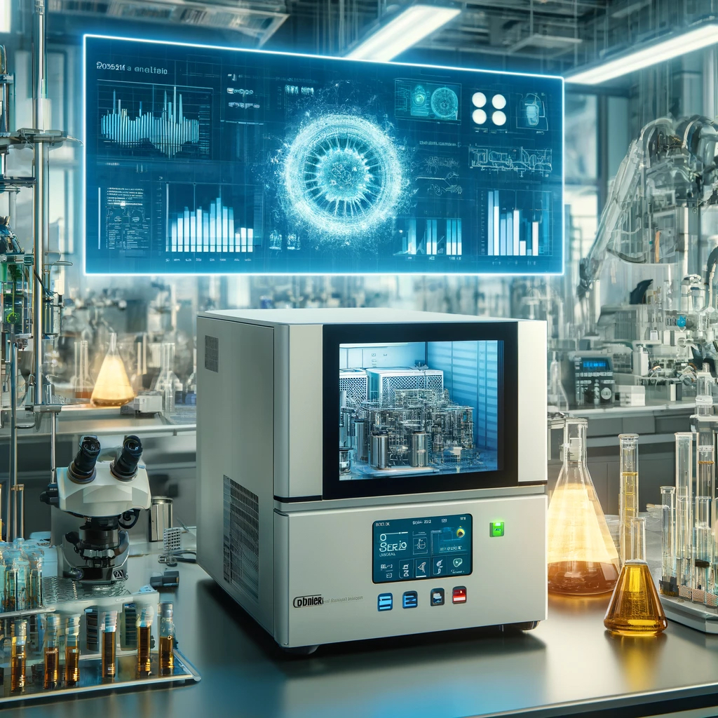 DALL·E 2024-05-15 14.47.30 - A high-tech laboratory featuring a variety of biotechnology and chemical processing equipment, prominently showcasing a precision chiller from Shenzhe.jpg